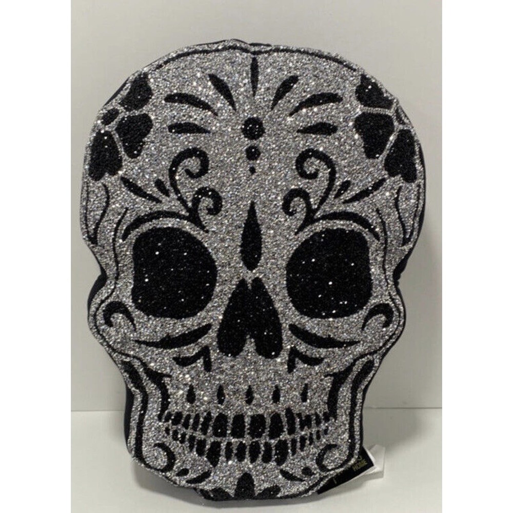 Sparkles Home Silver Black Rhinestone Halloween Sugar Skull TikTok Decor Pillow